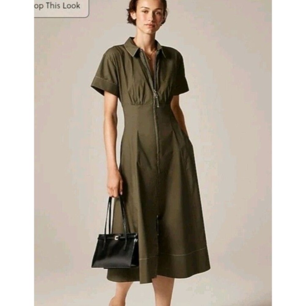 J.CREW Zip-up Shirtdress in Cotton Olive Green Two Way Zip CI906 $178 Size 4 NWT